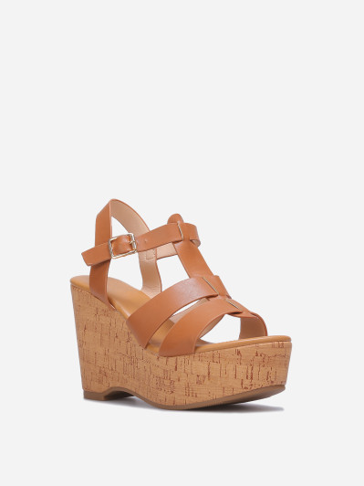 Sandales compensées à brides en simili camel