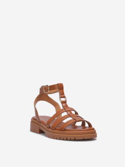 Sandales plates à boucles dorées camel