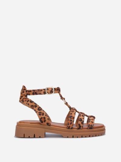 Sandales plates à boucles dorées léopard