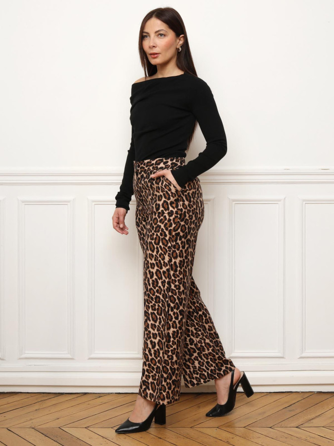 Pantalon palazzo à motif animal marron