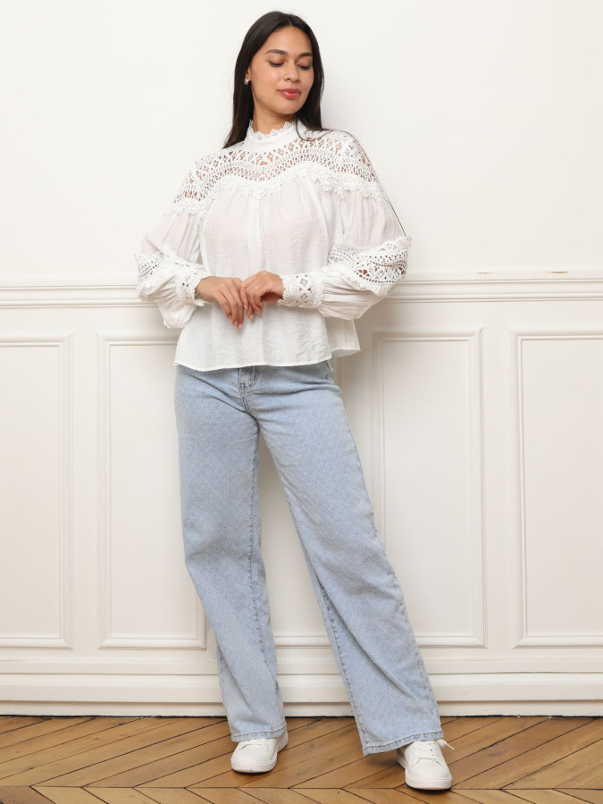 Blouse texturée à détails en crochet blanche