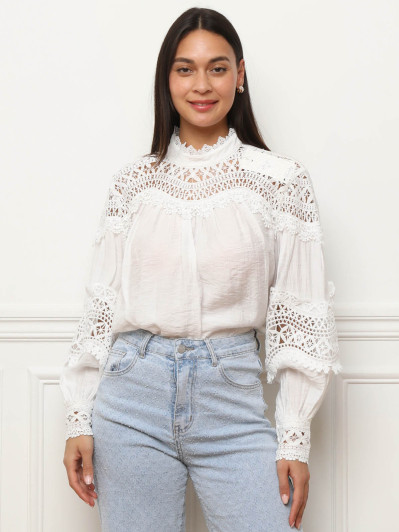 Blouse texturée à détails en crochet blanche