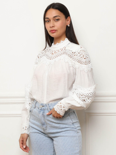 Blouse texturée à détails en crochet blanche