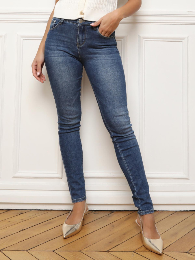 Jeans slim basique délavé à effet push-up bleu