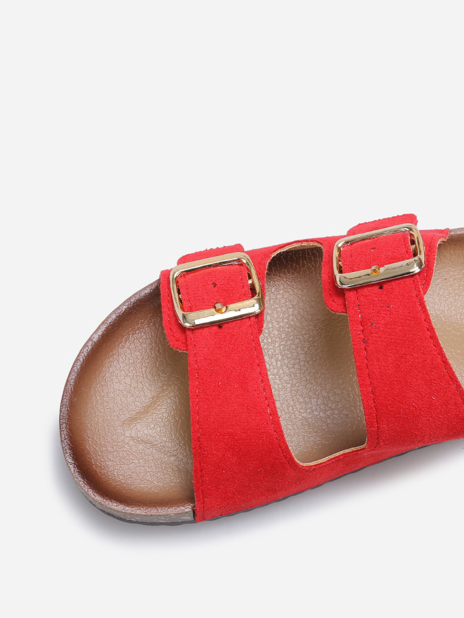 Mules en suédine avec deux brides rouges