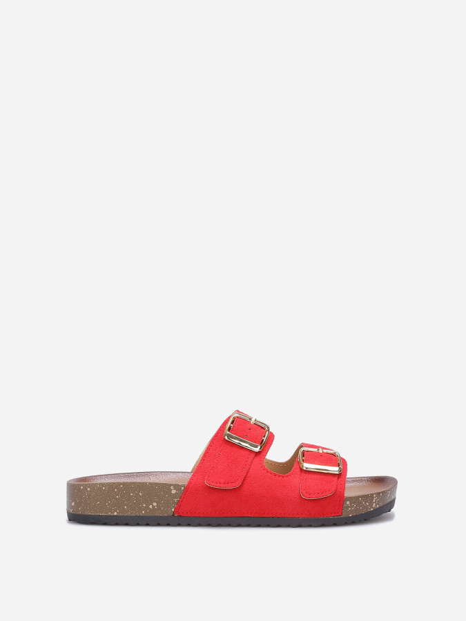 Mules en suédine avec deux brides rouges