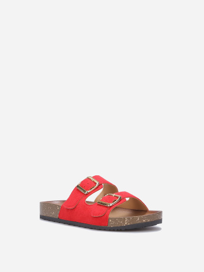 Mules en suédine avec deux brides rouges