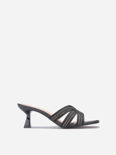 Mules kitten heels à brides en strass noires
