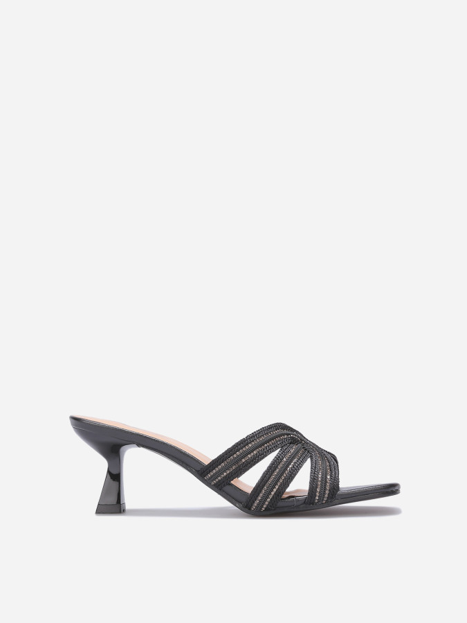 Mules kitten heels à brides en strass noires