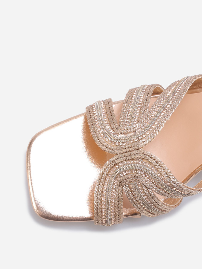 Mules kitten heels à brides en strass dorées rose