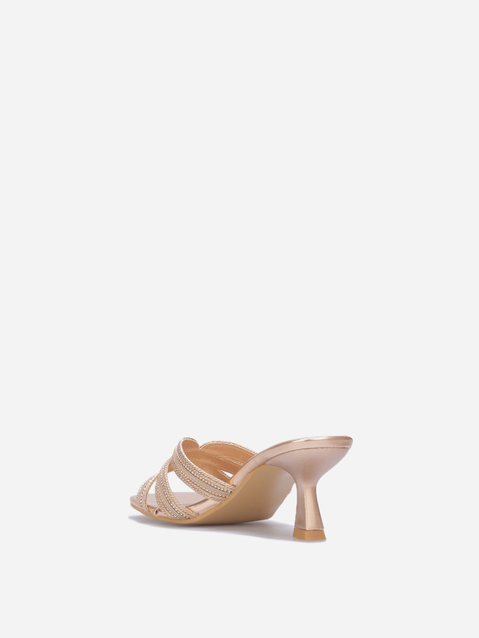 Mules kitten heels à brides en strass dorées rose