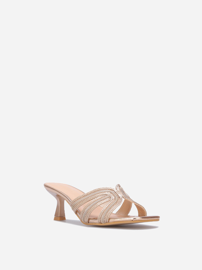 Mules kitten heels à brides en strass dorées rose