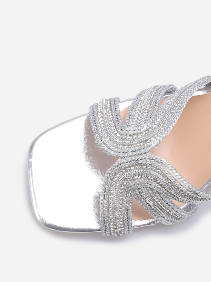 Mules kitten heels à brides en strass argentées