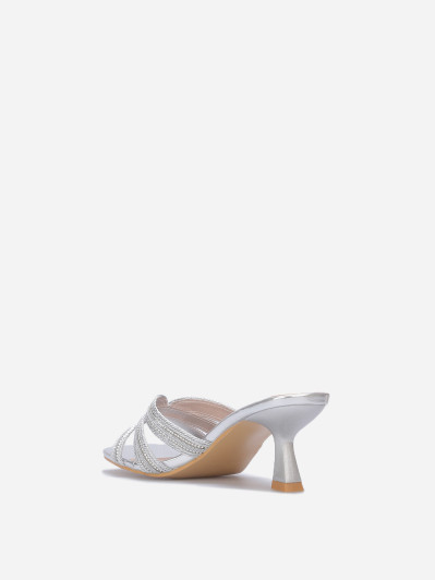 Mules kitten heels à brides en strass argentées