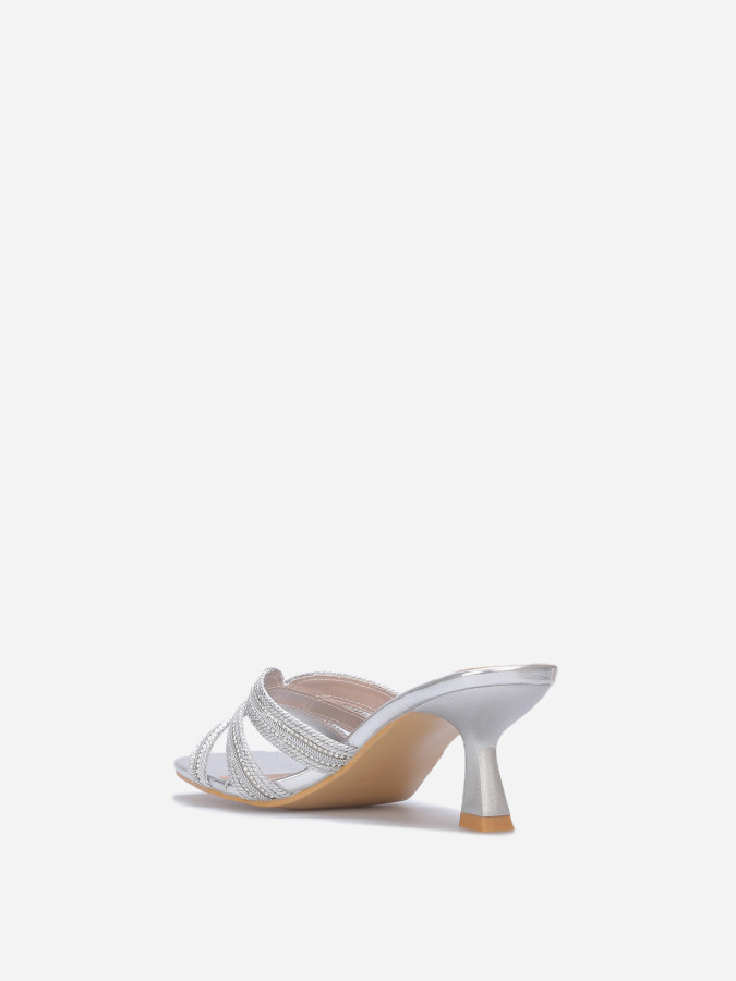 Mules kitten heels à brides en strass argentées