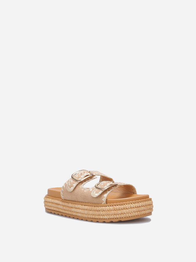 Mules compensées bohèmes en suédine taupe