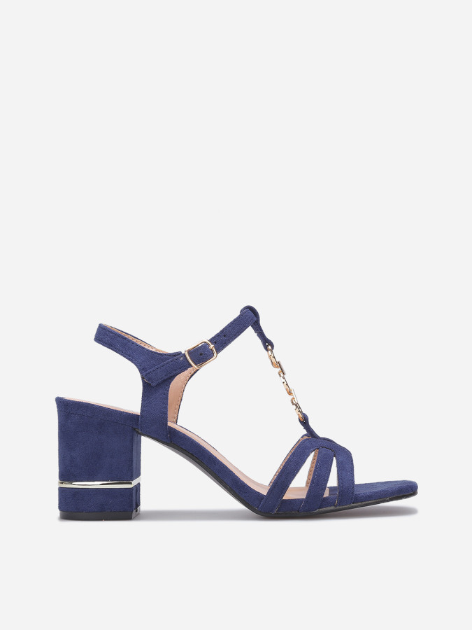 Sandales en suédine bleues à talon carré et détails dorés