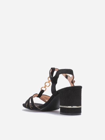 Sandales noires en suédine à talon carré et détails dorés