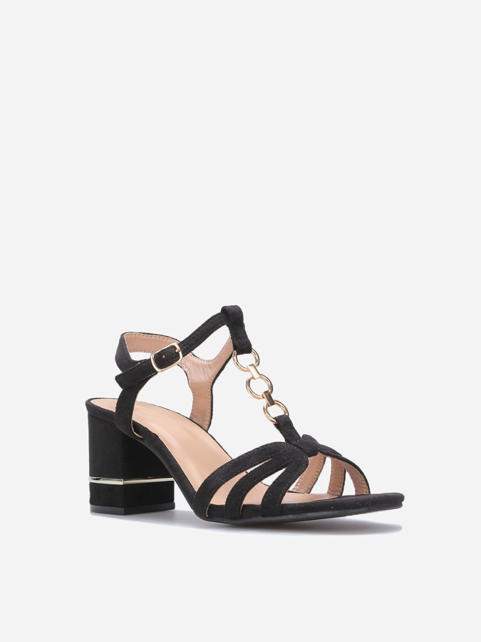 Sandales noires en suédine à talon carré et détails dorés