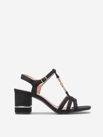 Sandales noires en suédine à talon carré et détails dorés