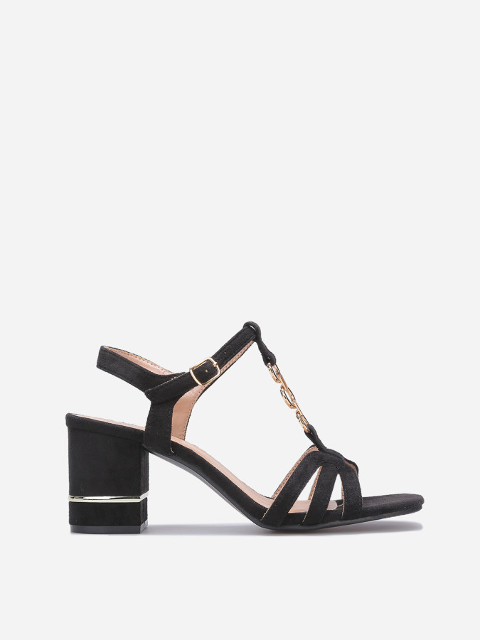 Sandales noires en suédine à talon carré et détails dorés