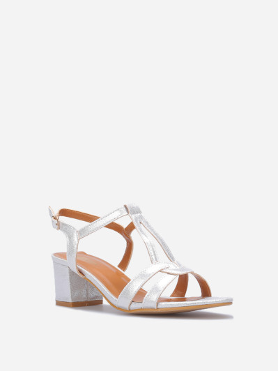 Sandales irisées à talon carré argent métallisé