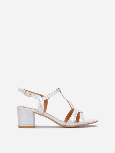 Sandales irisées à talon carré argent métallisé