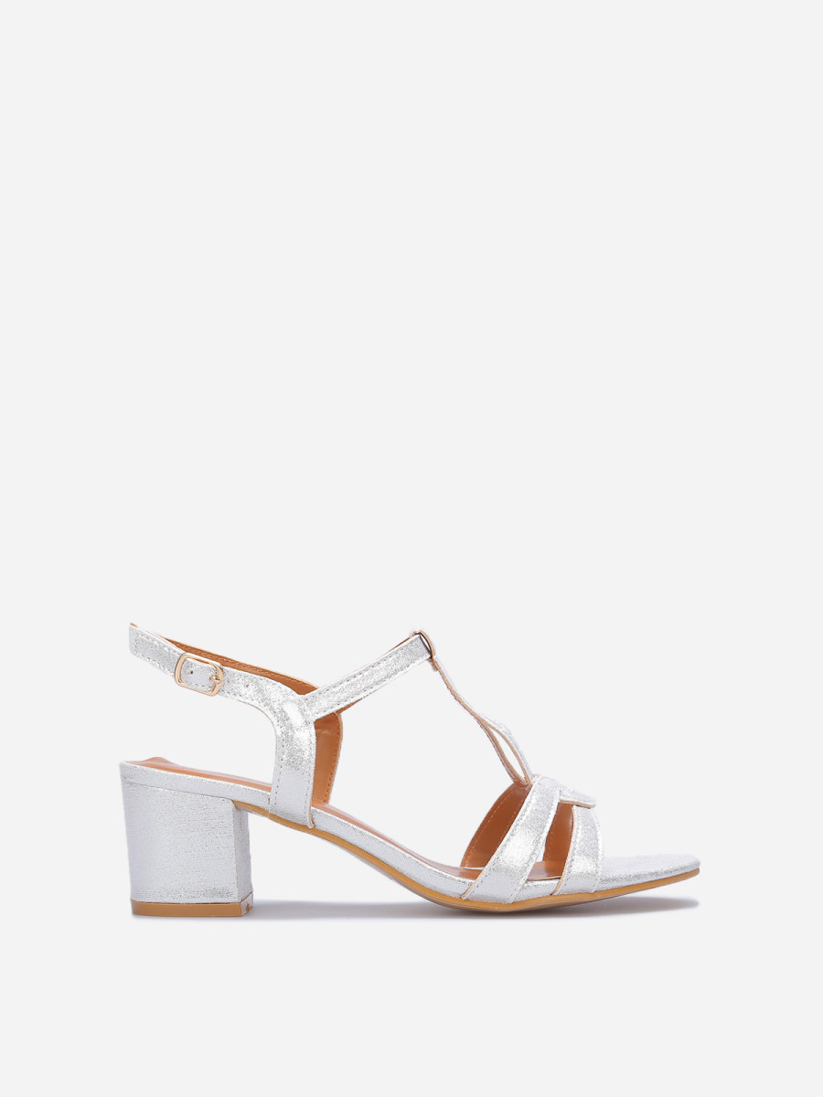Sandales irisées à talon carré argent métallisé