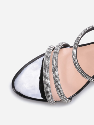 Mules vernies à brides en strass noires