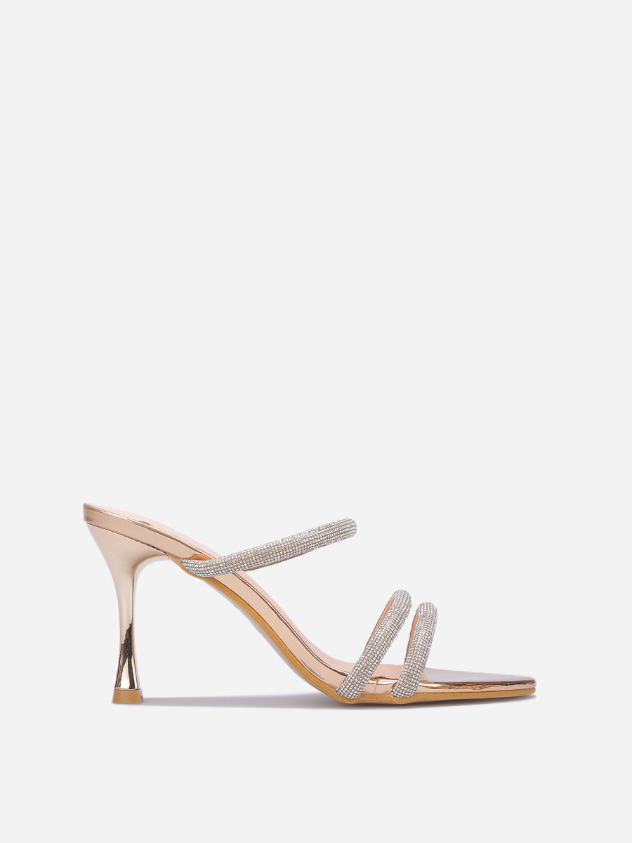 Mules vernies à brides en strass dorées rose