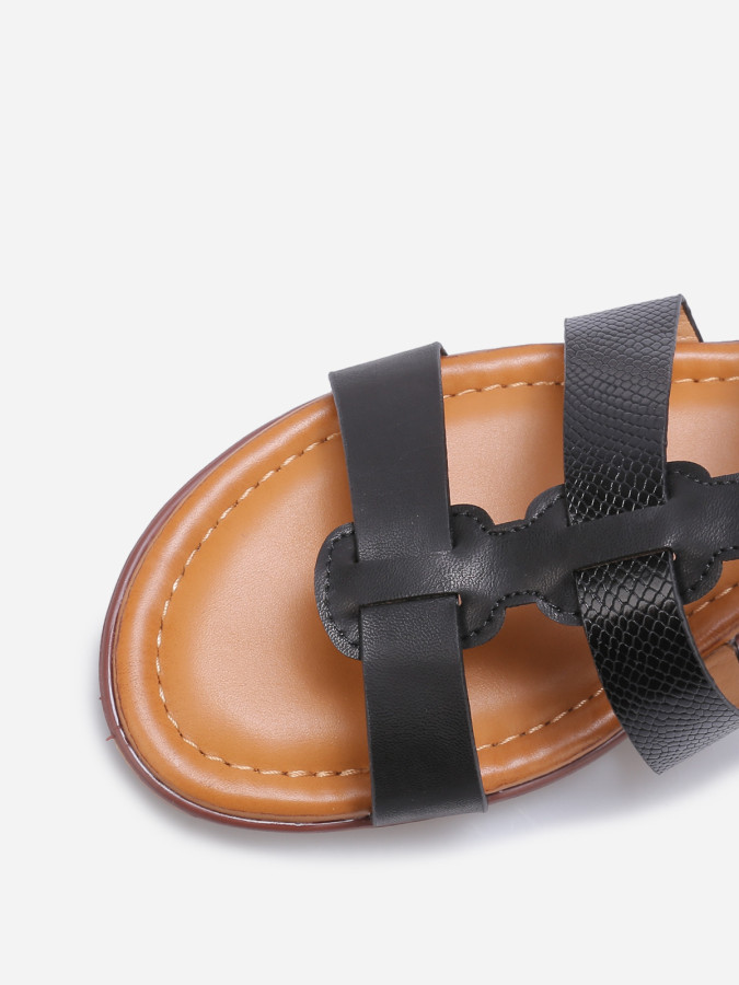 Sandales plates à brides bi-matières noires