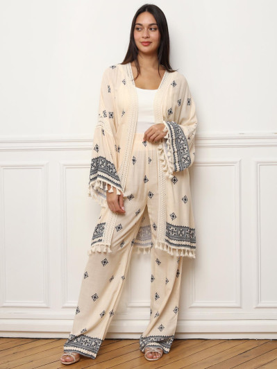 Kimono bohème beige à ceinture