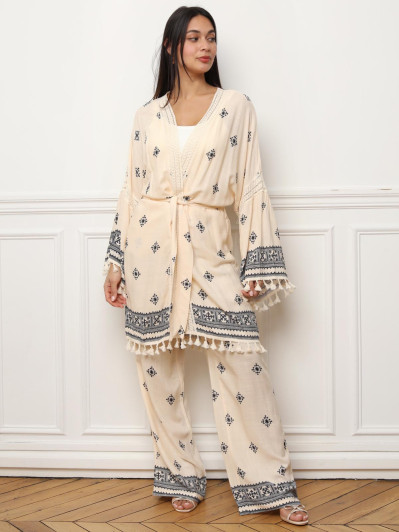 Kimono bohème beige à ceinture