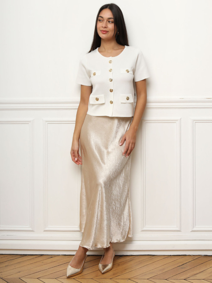 Top à boutons fleurs dorées blanc