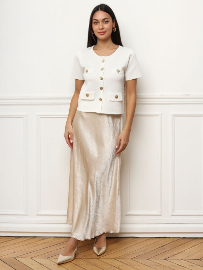 Top à boutons fleurs dorées blanc