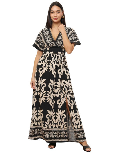 Robe longue à motifs bohèmes et fente noire