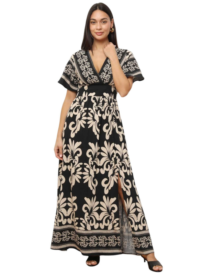 Robe longue à motifs bohèmes et fente noire