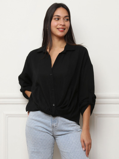 Chemise noire froncée à manches 3/4