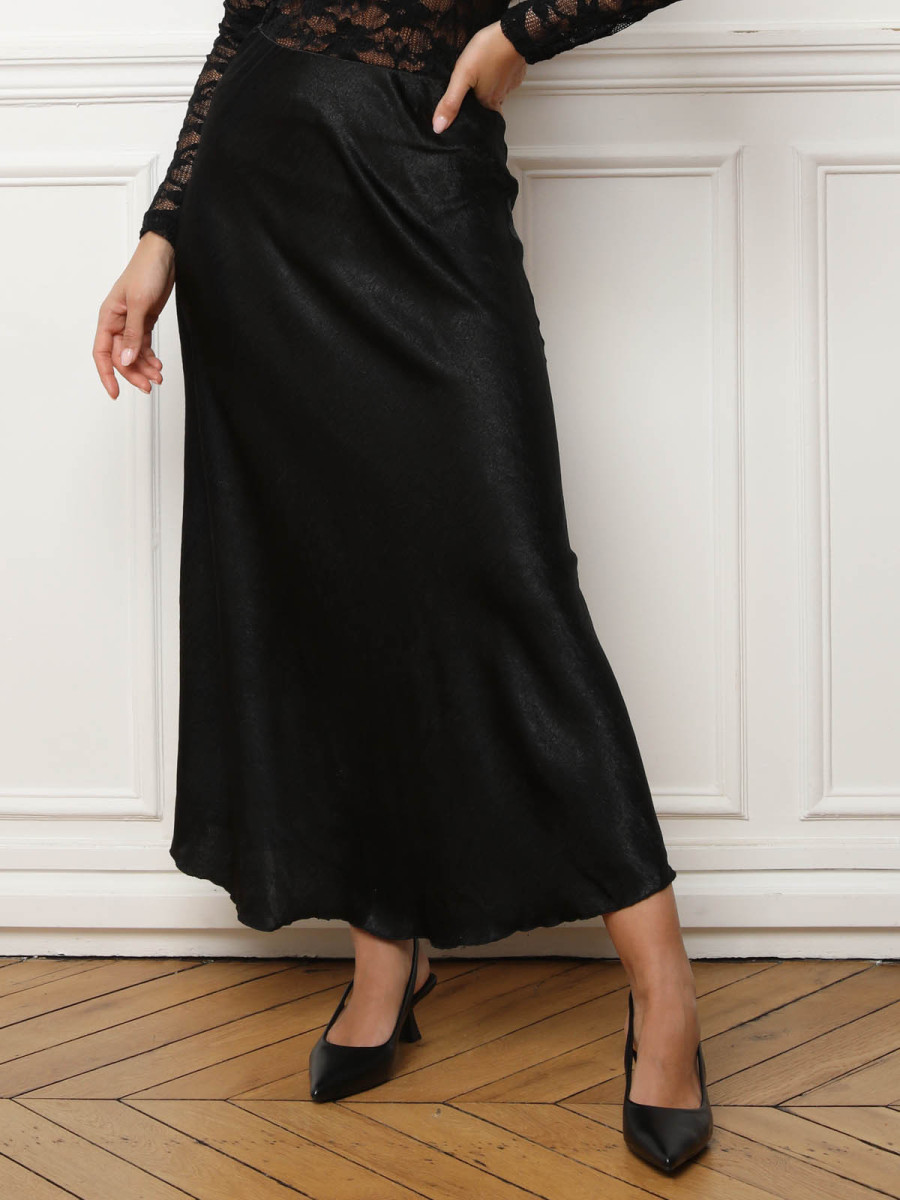 Jupe Satin Noir Jupe Fluide Noir Jupe Longue à Effet Satin Texturé