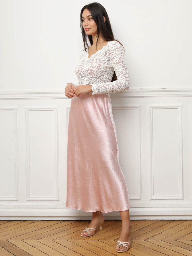 Jupe longue à effet satin texturé rose