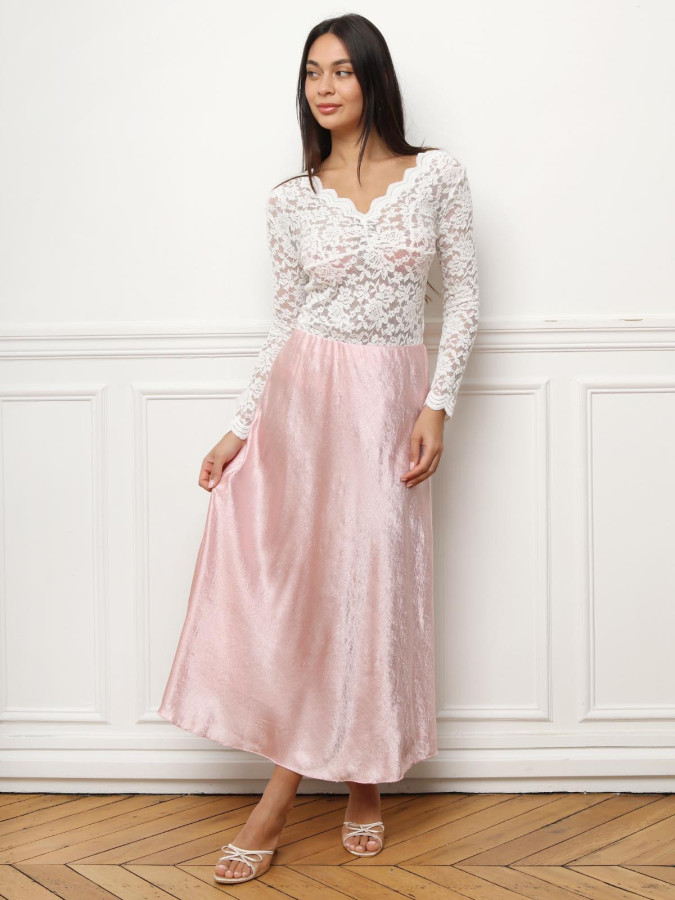 Jupe longue à effet satin texturé rose