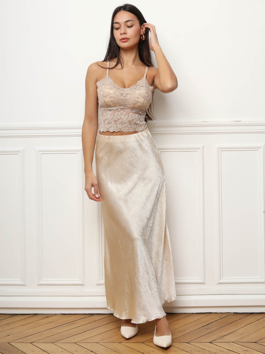 Jupe longue à effet satin texturé dorée