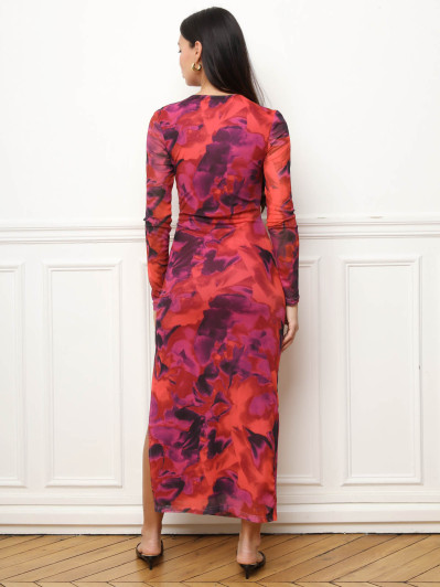 Robe longue fushia en tulle drapé