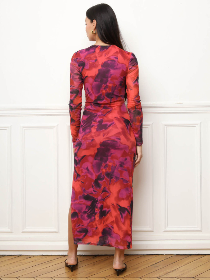 Robe longue fushia en tulle drapé