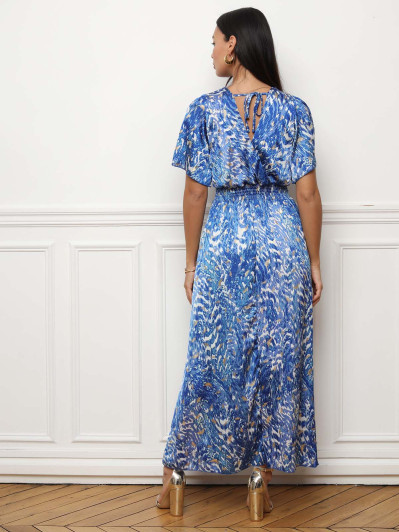 Robe longue bleue cintrée à motifs abstraits