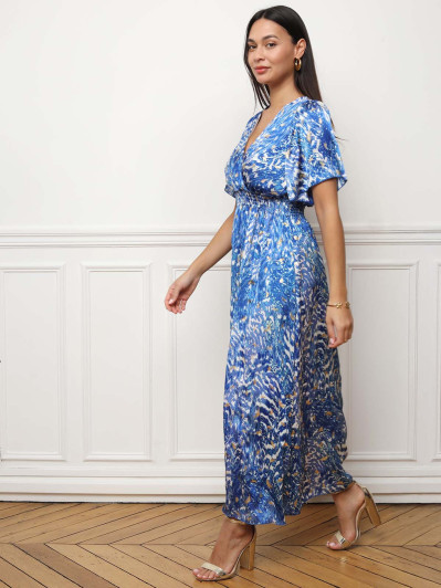 Robe longue bleue cintrée à motifs abstraits