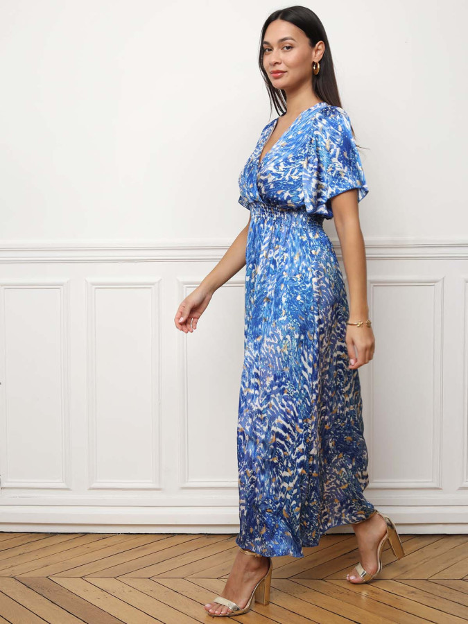 Robe longue bleue cintrée à motifs abstraits