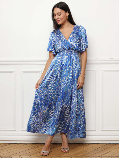 Robe longue bleue cintrée à motifs abstraits