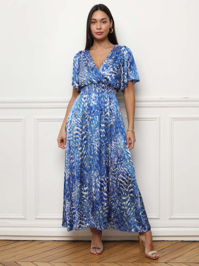 Robe longue bleue cintrée à motifs abstraits