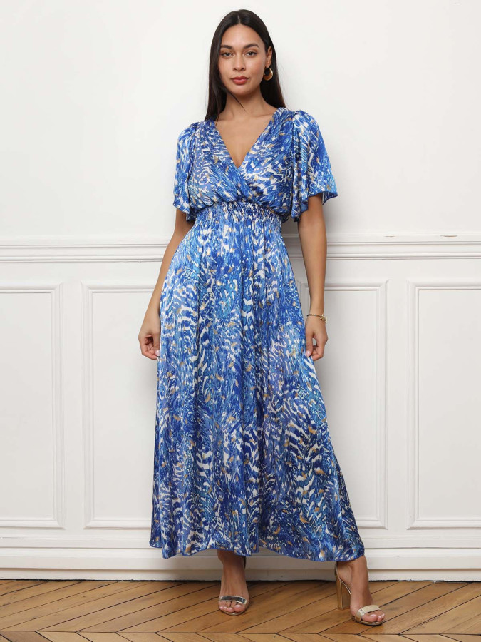 Robe longue bleue cintrée à motifs abstraits